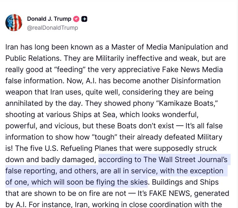 ترمب يتهم إيران بفبركة صورا بالذكاء الاصطناعي لاستهداف حاملة الطائرات الأمريكية (تروث سوشيال)