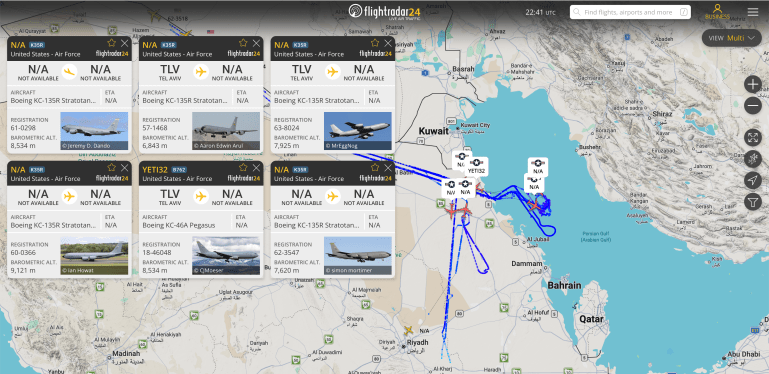 بيانات ملاحية لطائرات بوينغ كيه سي-135 للتزود بالوقود خلال مهمة جوية لدعم الطائرات المقاتلة (فلايت رادار)