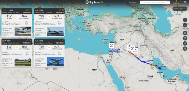 بيانات ملاحية لطائرات أمريكية للتزود بالوقود خلال مهمة إسناد جوي طويلة المدى (فلايت رادار)