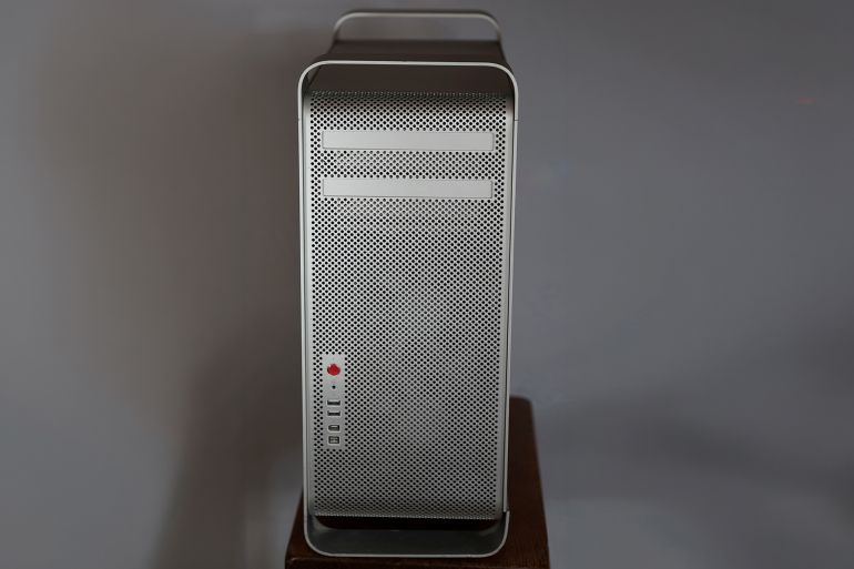 Itterbeck, Germany - Nov 11 2022 Front of a Apple Mac Pro 1st generation tower computer. The case of this mac is very similar to that of the Power Mac G5