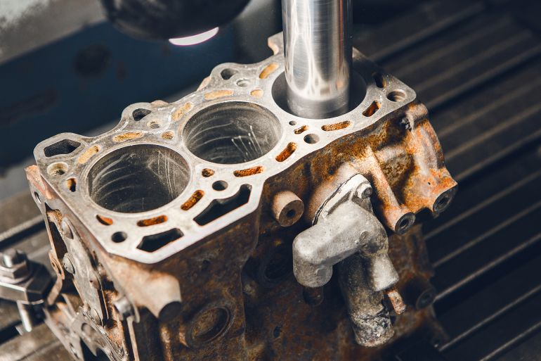 Engine cylinder boring on cnc machine. Boring under the piston after engine sleeve using machine with Computer Numerical Control. Repair and elimination of engine score.