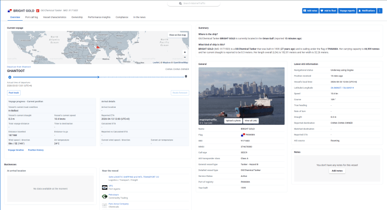 بيانات ملاحية لناقلة النفط برايت جولد وتديرها شركة صينية (مارين ترافيك)