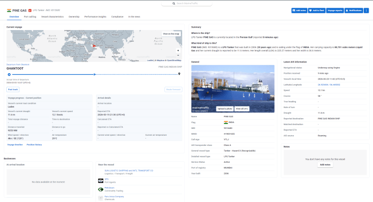 بيانات ملاحية لناقلة الغاز المسال الهندية باين جاز (مارين ترافيك)