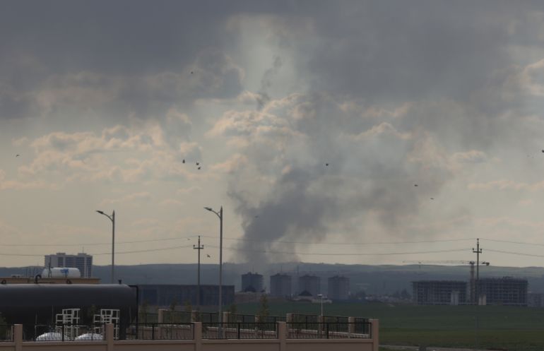 epa12783423 Smoke rises following an Iranian drone attack on Erbil airport in Erbil, Iraq, 28 February 2026. Several drones were shot down over Erbil today after Iran reportedly launched retaliatory aerial attacks targeting US military positions in the region, including areas near the American consulate and Erbil International Airport. A joint Israeli and US military operation targeted multiple locations across Iran in the early hours of 28 February 2026. EPA/GAILAN HAJI