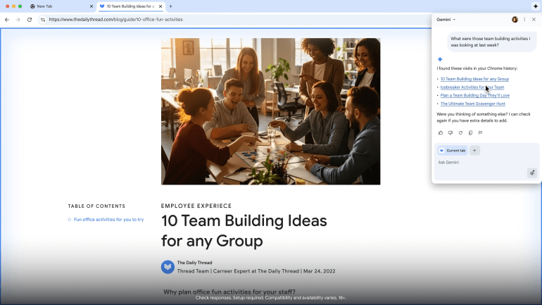 gemini-in-chrome-1774862575 ميزة الذكاء الاصطناعي الشخصي الاختبارية تتذكر ما قمت بتصفحه في السابق (غوغل)
