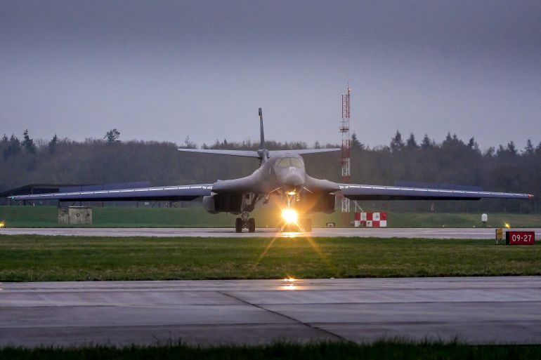 FAIRFORD, ENGLAND - MARCH 06: A US Air Force B1 bomber arrives at RAF Fairford on March 06, 2026 in Fairford, England. Prime Minister Keir Starmer is allowing the US to use British bases, including RAF Fairford and Diego Garcia, to launch "defensive" strikes against Iranian missile sites while stating the UK would not join "offensive" combat. On Thursday Starmer announced that the UK is deploying four additional Typhoon fighter jets to Qatar, "to strengthen our defensive operations in Qatar and across the region." (Photo by Christopher Furlong/Getty Images)