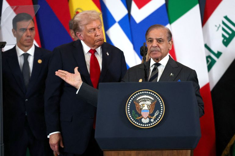 SHARM EL-SHEIKH, EGYPT - OCTOBER 13: Pakistani Prime Minister Shehbaz Sharif speaks next to U.S. President Donald Trump during a world leaders' summit on ending the Gaza war on October 13, 2025 in Sharm El-Sheikh, Egypt. President Trump is in Egypt to meet with European and Middle Eastern leaders in what’s being billed as an international peace summit, following the start of a US-brokered ceasefire deal to end the war in the Gaza Strip. (Photo by Suzanne Plunkett - Pool / Getty Images)