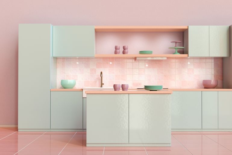3D rendering of a pastel colored modern build-in open plan kitchen with kitchen island