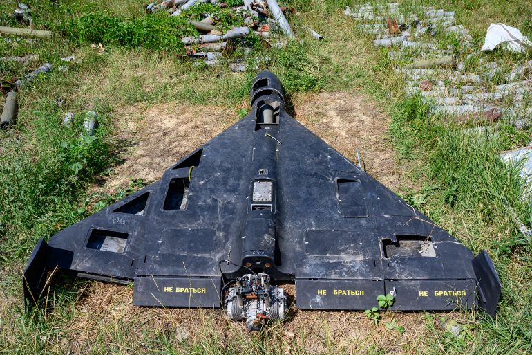 KHARKIV, UKRAINE - JULY 30: The remains of a Russian-made, Iran-designed Shahed-136 drone, known as a Geran-2 in Russia, sits among a collection of Russian drones, glide bombs, missiles and rockets launched at Ukraine maintained as evidence for eventual war crimes prosecutions against Russia, on July 30, 2025 in Kharkiv, Ukraine. Russia has intensified missile and drone attacks against Ukraine, firing more than 700 in a single night, often against civilian targets, amidst a surge of daily aerial bombardments of urban centers, 3 1/2 years after Russia's all-out invasion of Ukraine. (Photo by Scott Peterson/Getty Images)