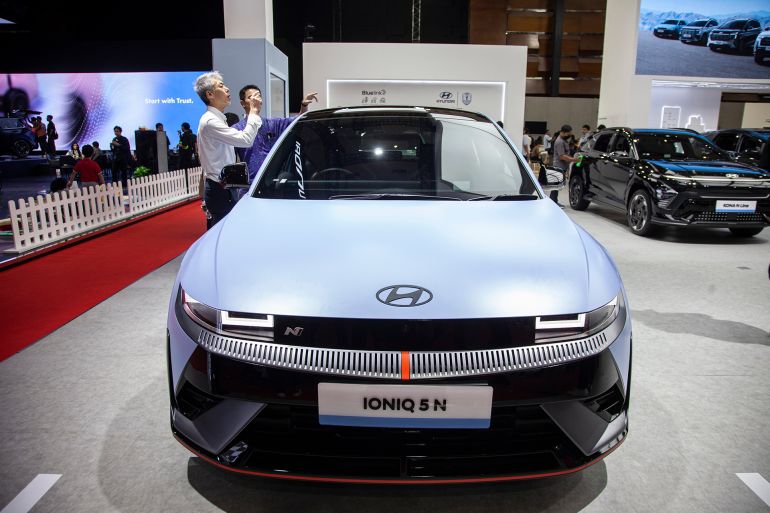 The IONIQ 5 N, an EV car by Hyundai, is displayed during the Indonesia International Motor Show (IIMS) 2026 in Jakarta, Indonesia, on February 6, 2026. The Indonesia International Motor Show is one of the largest vehicle exhibition events in Indonesia, which this year presents 62 brands of vehicles, both four-wheeled and two-wheeled. With a transaction target expected to exceed 8 trillion rupiah (USD 474 million), the exhibition runs for 10 days, from February 5 to February 15. (Photo by Aditya Irawan/NurPhoto via Getty Images)