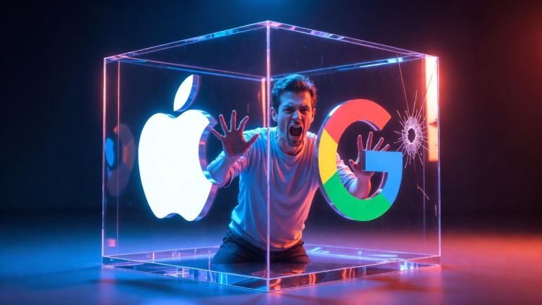 google-and-apple-1772530346 صورة تعبيرية مولدة بالذكاء الاصطناعي عن محاولة المستخدم الخروج من سجن تطبيقات غوغل وآبل
