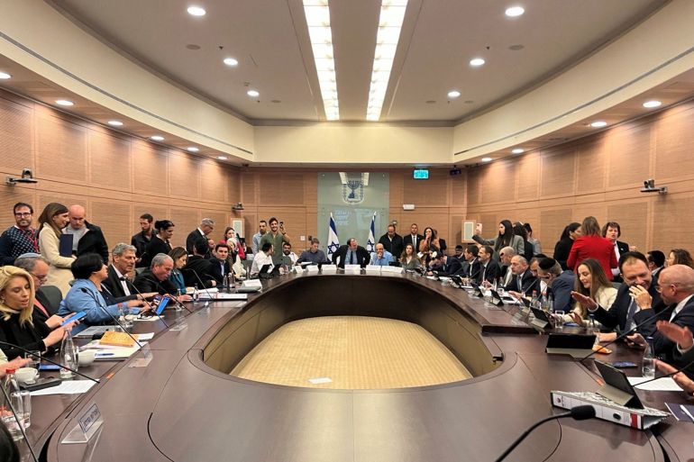 Israel's constitution committee sits on the day it is to vote on changes that would give politicians more power on selecting judges while limiting the Supreme Court's powers to strike down legislation, at the Knesset, Israel's parliament, in Jerusalem, February 13, 2023. REUTERS/Maayan Lubell