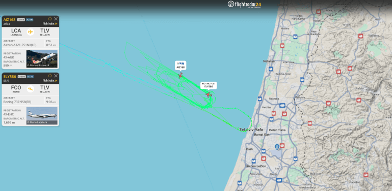 map-1774434330 لقطة من موقع "فلايت رادار" تظهر تعذر هبوط طائرتين في مطار بن غوريون هذا اليوم.