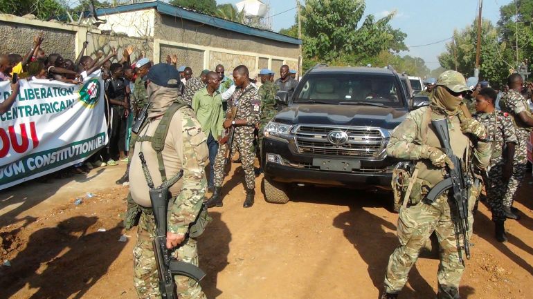 Russian officers from the wagner group are seen around Central African president Faustin-Archange Touadera as they are part of the presidential security system during the referendum campaign to change the constitution and remove term limits, in Bangui, Central African Republic July 17, 2023. REUTERS/Leger Kokpakpa