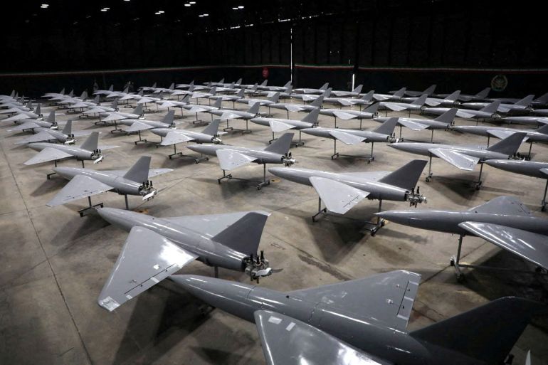 Iranian drones are displayed during a ceremony of the joining new drones to the Iranian Army's combat organisation in an undisclosed location in Iran, in this handout image obtained on January 13, 2025. Iranian Army/WANA (West Asia News Agency)/Handout via REUTERS ATTENTION EDITORS - THIS PICTURE WAS PROVIDED BY A THIRD PARTY. BEST QUALITY AVAILABLE. TPX IMAGES OF THE DAY