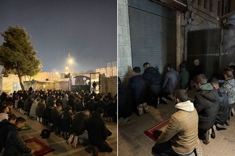 مصلون يؤدون صلاتي العشاء والتراويح قرب الأقصى بسبب إغلاق الاحتلال للمسجد الأقصى المصدر: القدس البوصلة