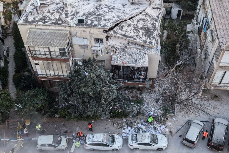 A drone photo of Emergency personnel gathering following an Iranian missile barrage, amid the U.S.-Israel conflict with Iran, in Ramat Gan, Israel, March 3, 2026. REUTERS/Ilan Rosenberg TPX IMAGES OF THE DAY