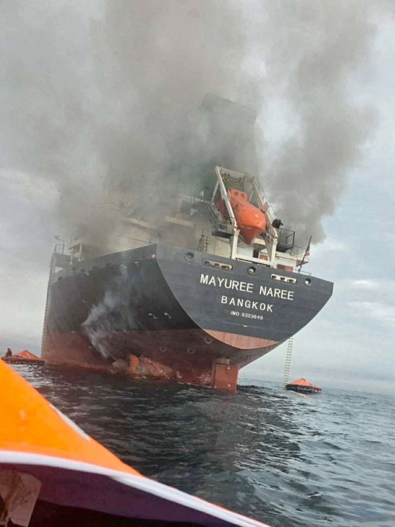 The Thailand-flagged cargo ship Mayuree Naree engulfed in black smoke in the Strait of Hormuz, March 11, 2026. ROYAL THAI NAVY/Handout via REUTERS THIS IMAGE HAS BEEN SUPPLIED BY A THIRD PARTY. NO RESALES. NO ARCHIVES. MANDATORY CREDIT VERIFICATION: - Identity of the vessel confirmed as Thai-flagged bulk carrier Mayuree Naree from IMO number, hull and superstructure seen in the images which matched file imagery of the vessel - Location confirmed as off north coast of Oman, in Strait of Hormuz, from ship tracking data from captured March 11 - Royal Thai Navy and United Kingdom Maritime Trade Operations reported that a cargo vessel was hit by an unknown projectile in the Strait of Hormuz on March 11 - Thailand-flagged bulk carrier Mayuree Naree was targeted and damaged approximately 11 nautical miles north of Oman, two maritime security sources said. TPX IMAGES OF THE DAY