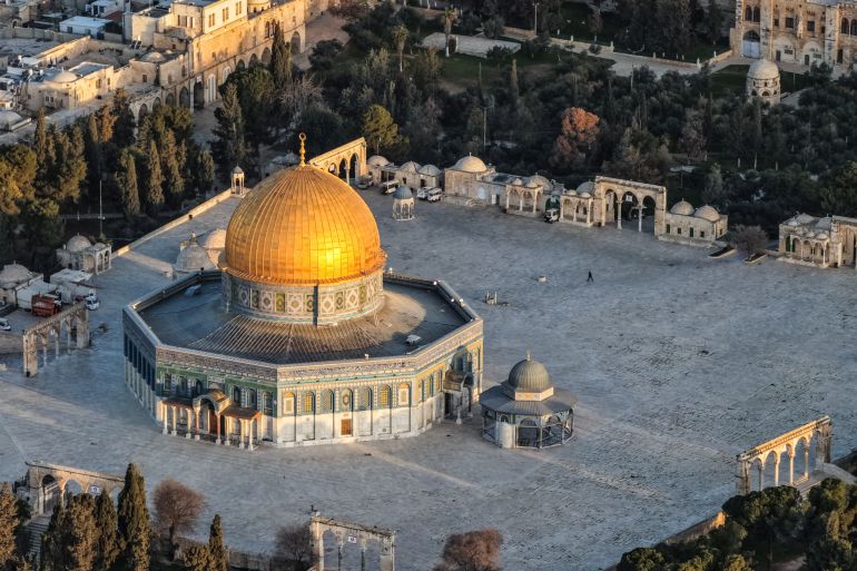 A drone view shows the Dome of the Rock on Al-Aqsa compound, also known to Jews as the Temple Mount, as Muslim worshippers are not permitted to attend the last Friday prayers of the Muslim holy fasting month of Ramadan following restrictions on gathering in large groups, amid the U.S.-Israel conflict with Iran, in Jerusalem's Old City, March 13, 2026. REUTERS/Ilan Rosenberg