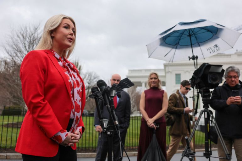 reuters_69b81951-1773672785 White House Press Secretary Karoline Leavitt speaks with reporters on the West Wing driveway at the White House in Washington, D.C., U.S., March 16, 2026. REUTERS/Jonathan Ernst