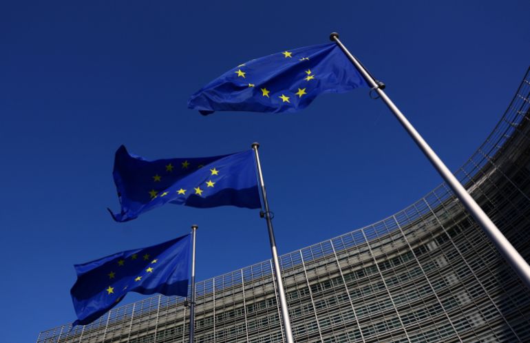 European Union flags flutter outside the European Commission headquarters in Brussels, Belgium Februrary 26, 2026. REUTERS/Yves Herman