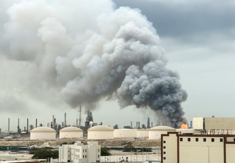 Smoke rises following a strike on the Bapco Oil Refinery, amid the U.S.-Israeli conflict with Iran, on Sitra Island Bahrain, March 9, 2026. REUTERS/Stringer TPX IMAGES OF THE DAY