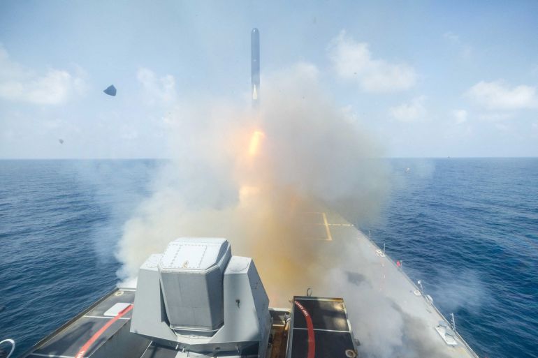 FILE PHOTO: A still image released by U.S. Central Command (CENTCOM), which accompanied a press release describing the operation dubbed "Epic Fury", an attack by the United States and Israel on Iran, shows a rocket launch from a ship, in this picture obtained from social media released on February 28, 2026. US CENTCOM via X via REUTERS THIS IMAGE HAS BEEN SUPPLIED BY A THIRD PARTY. Verification lines: The location and the date when the video was filmed could not be verified. U.S. confirmed attack on Iran on Saturday (February 28). No older version of the video was found posted before Saturday (February 28)/File Photo