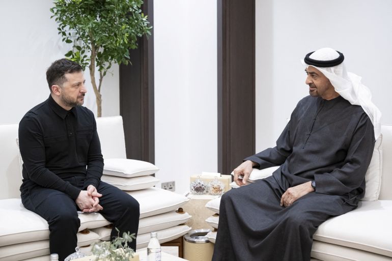 Sheikh Mohamed bin Zayed Al Nahyan, President of the United Arab Emirates, meets with Volodymyr Zelenskiy, President of Ukraine, in the United Arab Emirates in this undated handout picture released March 28, 2026. Abdulla Al Neyadi/UAE Presidential Court/Handout via REUTERS THIS IMAGE HAS BEEN SUPPLIED BY A THIRD PARTY.