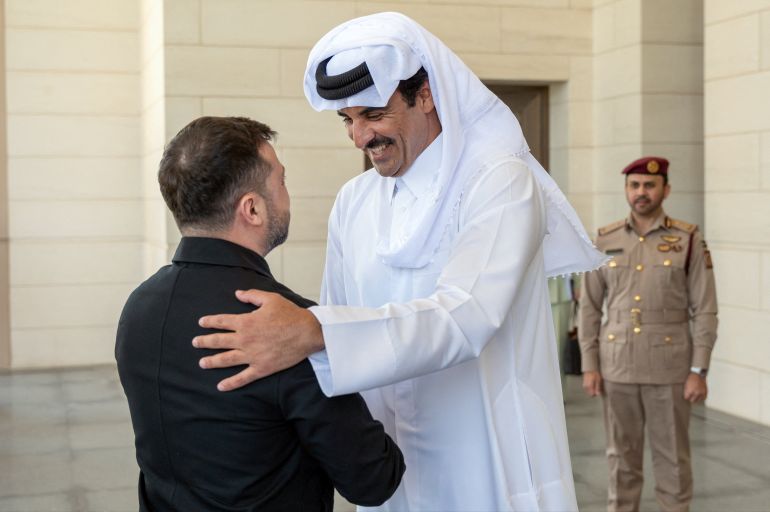The Emir of Qatar, Sheikh Tamim bin Hamad Al Thani, meets President of Ukraine, Volodymyr Zelenskiy, in Doha, Qatar, March 28, 2026. Amiri Diwan/Handout via REUTERS THIS IMAGE HAS BEEN SUPPLIED BY A THIRD PARTY.