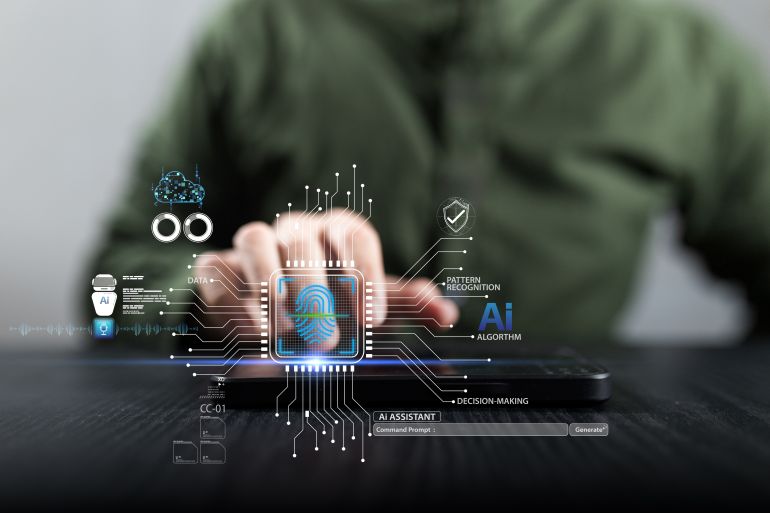 virtual ai content image recognition enables smart automation business decision. artificial intelligence algorithm assistant executes voice command communication agent data optimization