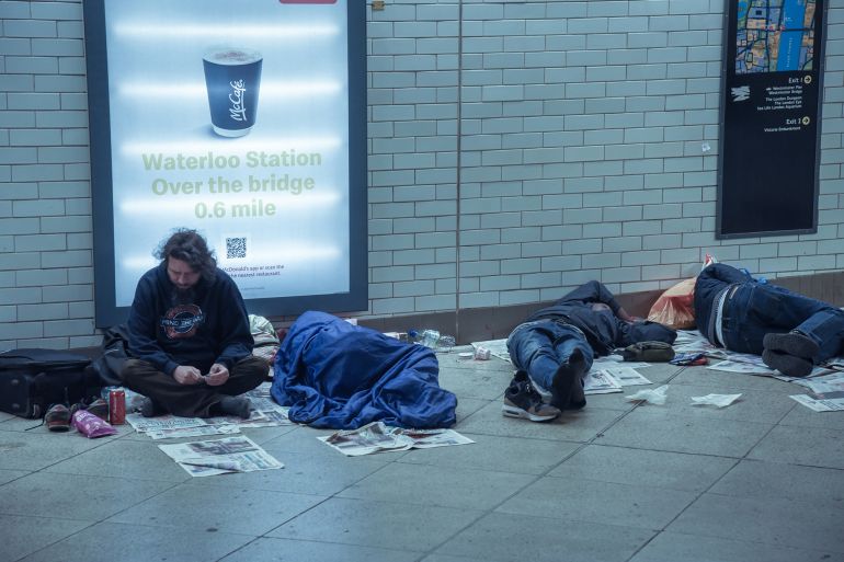 London, UK 31 August, 2019 Homeless people sleep in the Westminster tube station; Shutterstock ID 1519419428; purchase_order: aj; job: ; client: ; other: