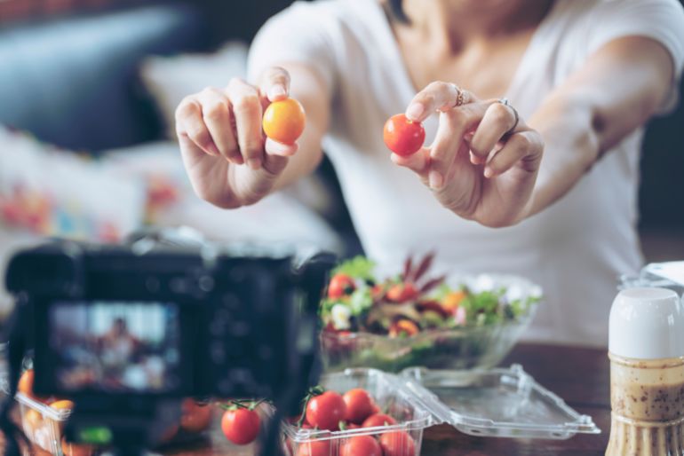 Influencer millennial Food blogging or vlogging Using Social Media for Like, Follower, Comment and share. Self absorbed new generation of young people.Hobby broadcasting online learning course concept