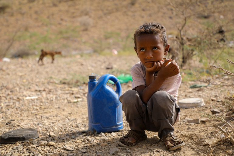 shutterstock_2465233049-1772983540 Taiz Yemen - 18 Feb 2022 : A sad child searches for water in the camps for the displaced from the war in the city of Taiz, Yemen; Shutterstock ID 2465233049; purchase_order: aj; job: ; client: ; other: