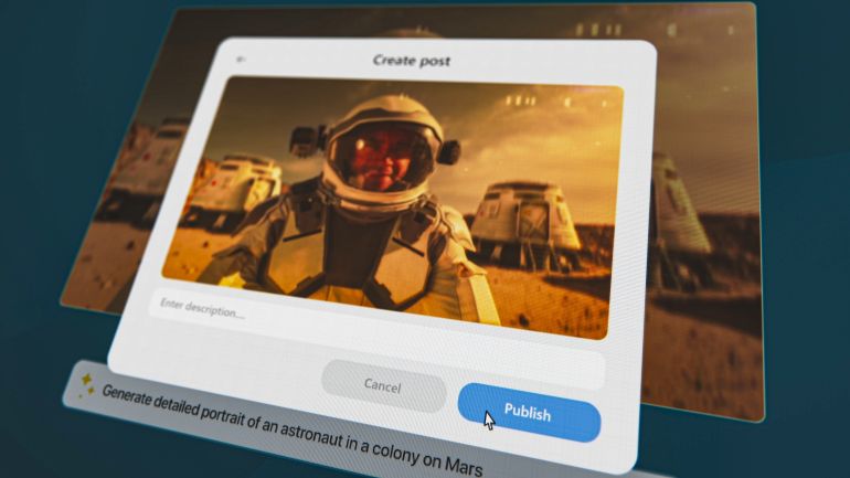User interface of AI video generator. Artificial intelligence assistant generate detailed high-quality video: Astronaut on Mars colony. Advanced text to video technology. Futuristic generated video.