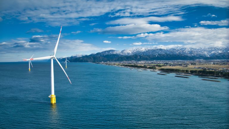 Scenery of offshore wind power generation wind turbines along the Sea of Japan coast in winter