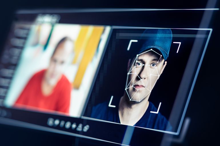 Deep fake. Deepfake AI fraud video or theft. Face recognition or swap. Photo edit with artificial intelligence. Personality and identity scam. Impersonating technology.