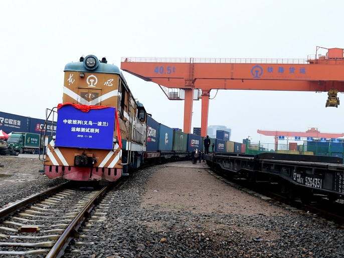 A freight train bound for Malaszewicze, Poland leaves the railway port in Yiwu, Zhejiang province, China January 24, 2018. Picture taken January 24, 2018. To match Insight CHINA-EUROPE/SILKROAD REUTERS/Stringer ATTENTION EDITORS - THIS IMAGE WAS PROVIDED BY A THIRD PARTY. CHINA OUT.
