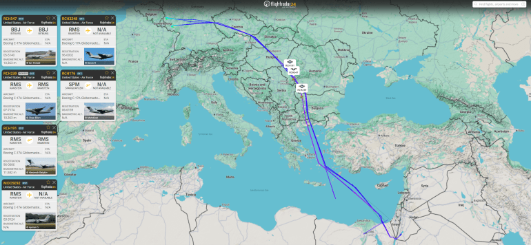 بيانات ملاحية لطائرات عسكرية أمريكة باتجاه الشرق الأوسط (فلايت رادار)
