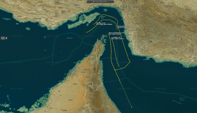 بيانات ملاحية تظهر مسارات السفن وحركة العبور المحدودة في هرمز ( مارين ترافيك)