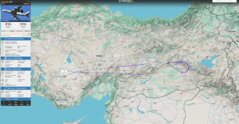 بيانات ملاحية لطائرة الإنذار المبكر والتحكم "أواكس" يوم 1 مارس (فلايت رادار)
