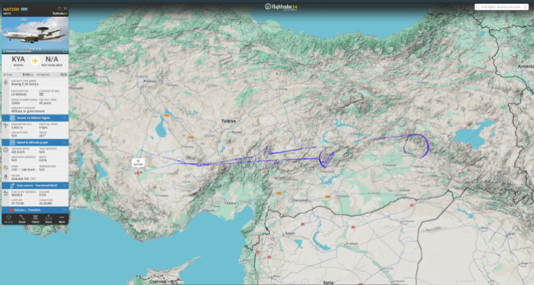 بيانات ملاحية لطائرة الإنذار المبكر والتحكم "أواكس" يوم 22 فبراير / شباط (فلايت رادار)