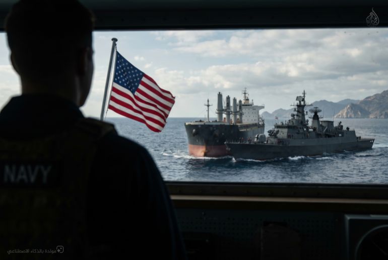 تصميم خاص - صور محاكاة افتراضية للحصار الأمريكي لـ مضيق هرمز وفرض الرسوم الإيرانية على السفن ( مولدة بالذكاء الاصطناعي)