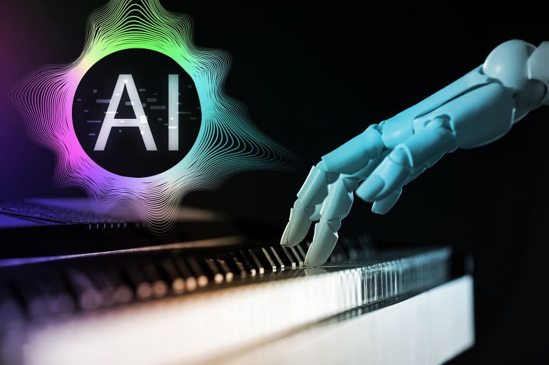 Artificial intelligence. Robot playing piano on dark background. Abbreviation AI and sound waveforms