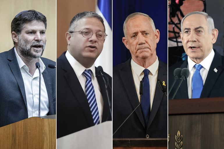 من اليمين رئيس الوزراء الإسرائيلي بنيامين نتنياهو ووزراؤه بيني غانتس وإيتمار بن غفير وبتسلئيل سموتريتش (وكالات)