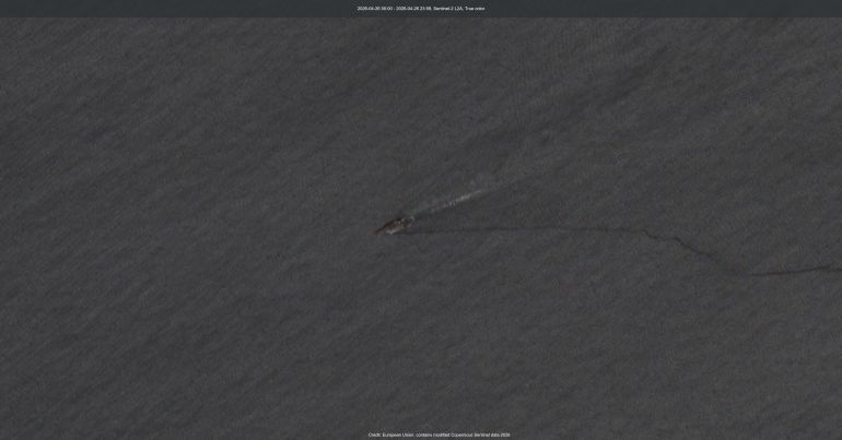 USS Abraham Lincoln (2026-04-26)-Sentinel Credit: European Union, contains modified Copernicus Sentinel data 2026