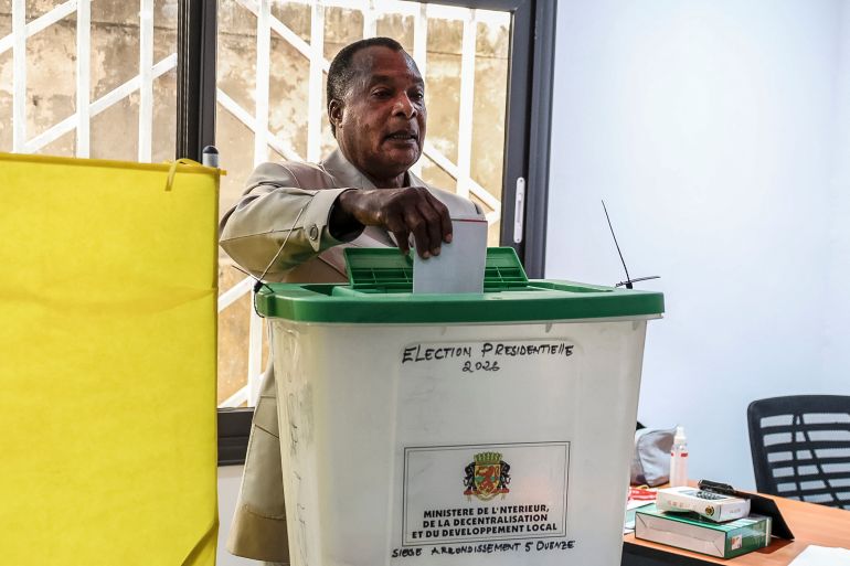Incumbent President of the Republic of Congo and presidential candidate Denis Sassou Nguesso casts his ballot at a polling station in Brazzaville on March 15, 2026 during the Republic of Congo's presidential elections. (Photo by Daniel BELOUMOU OLOMO / AFP)