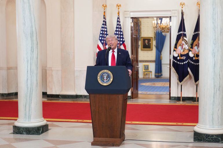 US President Donald Trump speaks during a televised address on the conflict in the Middle East from the Cross Hall of the White House in Washington, DC on April 1, 2026.