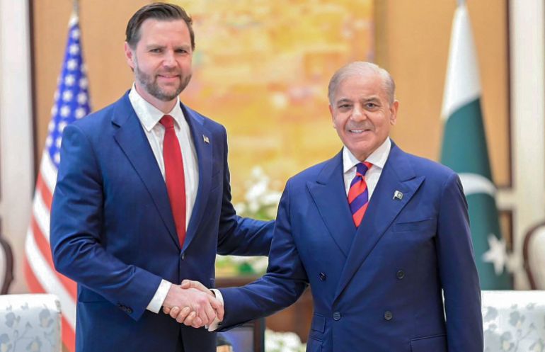 This handout photograph taken and released by Pakistan's Prime Minister Office on April 11, 2026 shows US Vice President JD Vance (L) shaking hands with Pakistan's Prime Minister Shehbaz Sharif during their meeting before US-Iran peace talks in Islamabad.