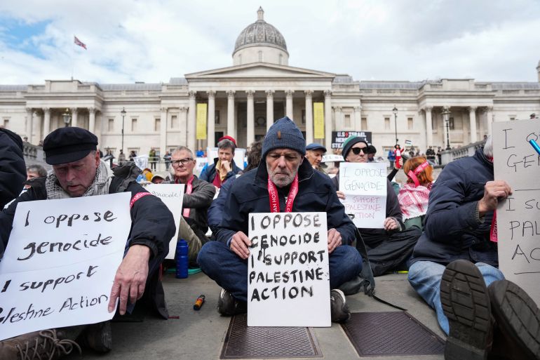 Protesters gather to call for the lifting of the ban on the Palestine Action group during a demonstration in Trafalgar Square in central London on April 11, 2026.