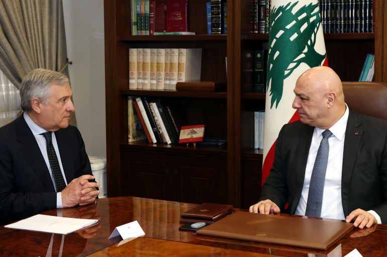 This handout photograph released by the Lebanese Presidency's press office shows Italian Foreign Minister Antonio Tajani (L) meeting with Lebanese President Joseph Aoun at the presidential palace in Baabda, east of Beirut on April 13, 2026. (Photo by Lebanese Presidency / AFP) / RESTRICTED TO EDITORIAL USE - MANDATORY CREDIT "AFP PHOTO / LEBANESE PRESIDENCY PRESS OFFICE - / HANDOUT / " - NO MARKETING NO ADVERTISING CAMPAIGNS - DISTRIBUTED AS A SERVICE TO CLIENTS